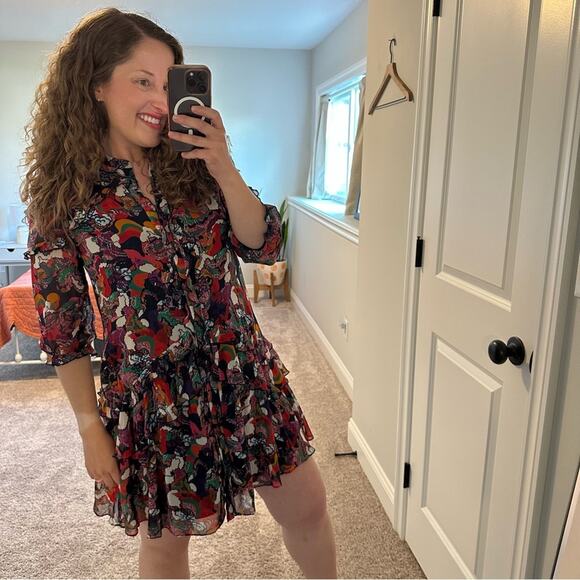 Saloni Red Blue Printed Silk Button Front Mini Dress 4 - Picture 2 of 16